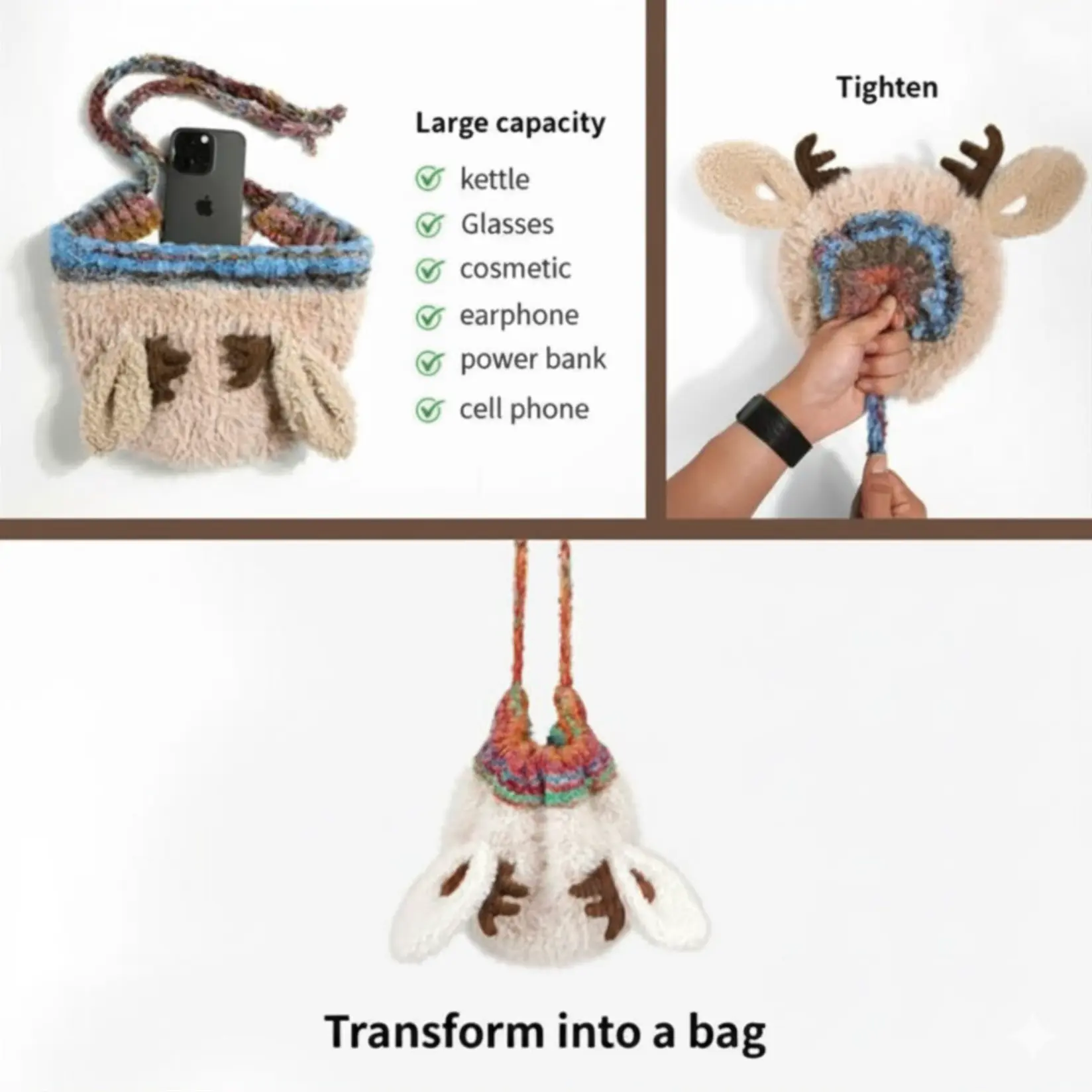Fluffy Winter Antler Hat - Stay Warm & Cute All Winter + Converts Into a Storage Bag - Image 3