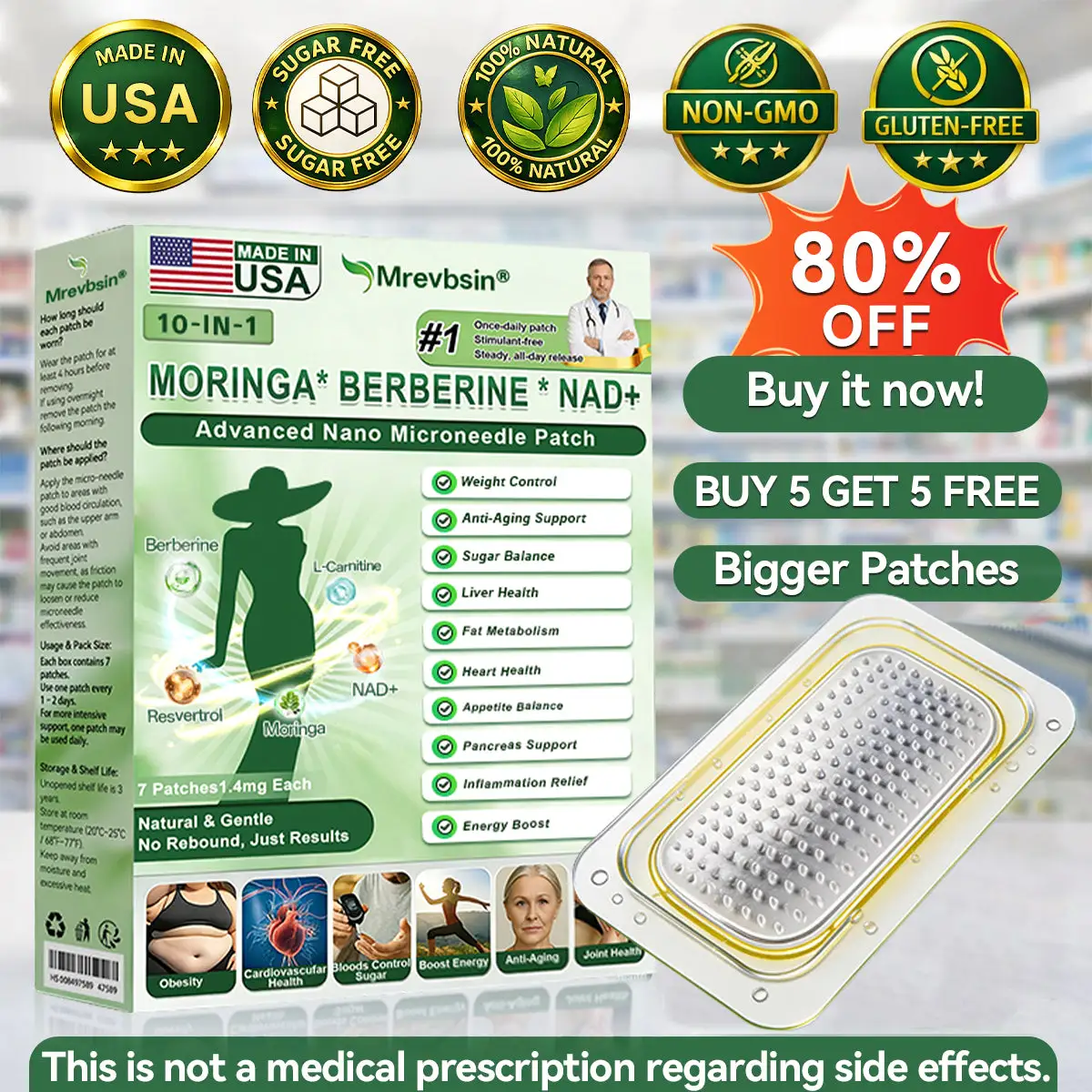 Berberine · Horse Chestnut × NAD+ 10-in-1 Advanced Nano Microneedle Patch