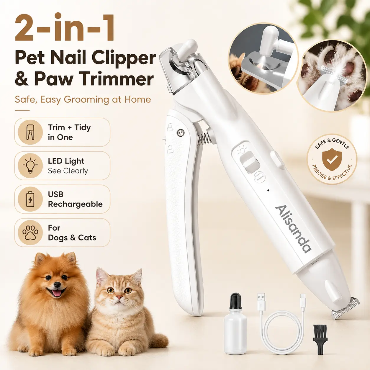 Alisanda 2-in-1 Dog Nail Clipper & Paw Hair Trimmer Kit with LED Light – Rechargeable Low-Noise Pet Grooming Tool for Dogs & Cats